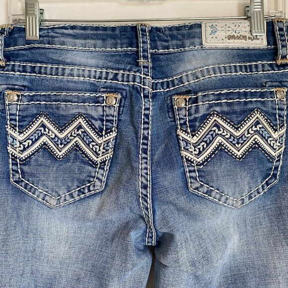 Grace In LA Bootcut Y2K Jeans Womens 28 Blue Thick Stitch Low Rise Flared Rock - Picture 2 of 11